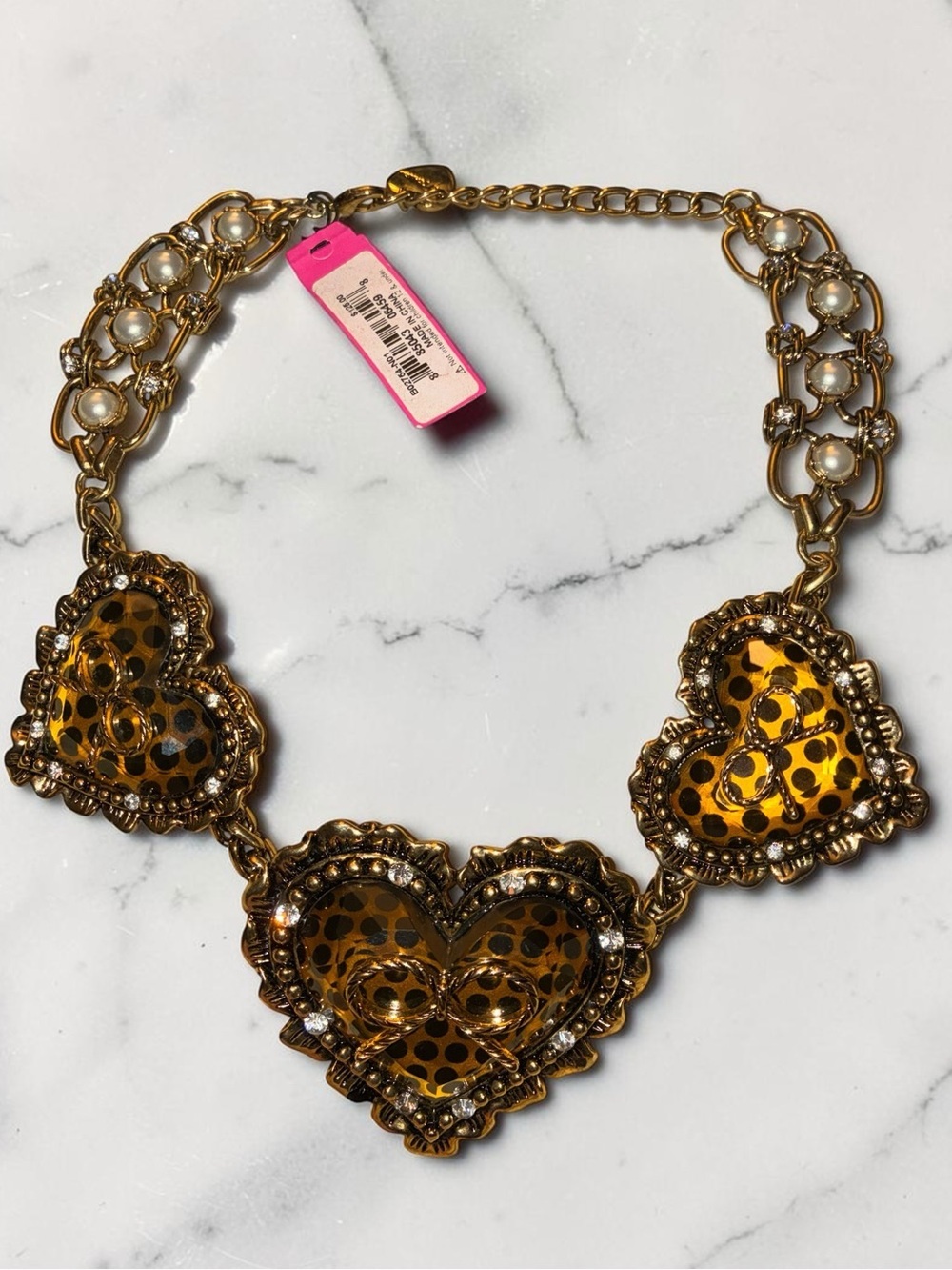 BETSEY JOHNSON Vintage 90s Y2K Polka Dot, Bows & Crystals 3 Hearts Necklace NWT